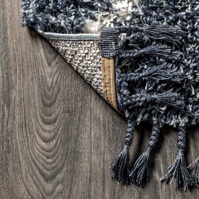 Denim Blue Geometric Shag Area Rug with Tassels