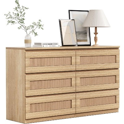 Rattan 6 Drawer Dresser for Bedroom, Modern Farmhouse Wood Closet Dresser, Compact Chest of Drawers, Easy to Assemble, for Nursery, Entryway