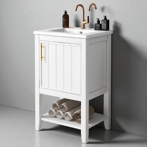 20" Bathroom Vanity with Ceramic Sink, Soft Closing Door, Storage Rack, Open Shelf, Solid Wood & MDF Construction for Small Bathrooms - 1 of 4