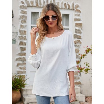 Womens Shirt Round Neck Puff Sleeve Tops 2025 Summer Loose Balloon Sleeve Work Office Blouse for Women