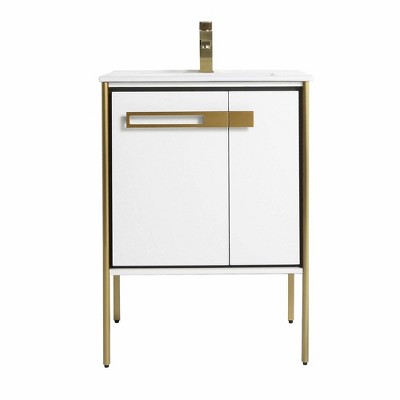 24" White Matte Freestanding Vanity with Satin Brass Hardware