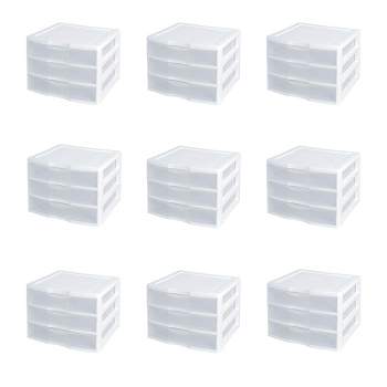 Sterilite Clear Plastic Stackable Small 3 Drawer Storage System for Home Office, Dorm Room, or Bathrooms, White Frame, (9 Pack)