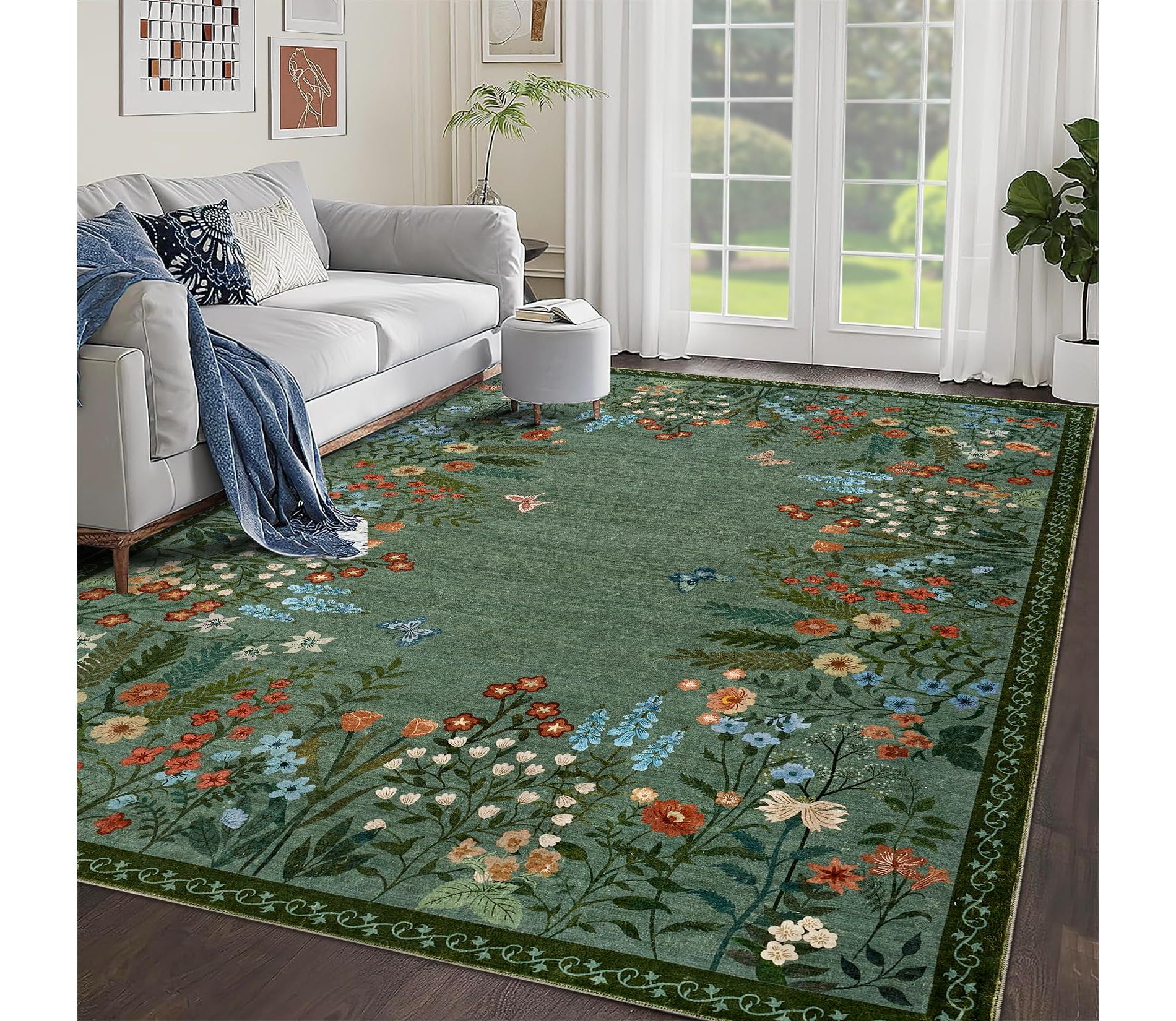 8x10 Washable Rugs Non Slip - Large Floral Area Rug for Living Room, Bedroom (Green)
