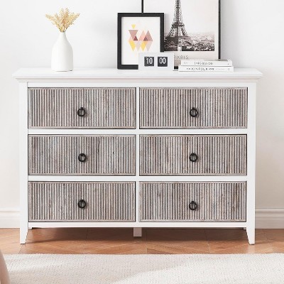 6 Drawer Dresser for Bedroom，Waveform Fluted Dresser Chest with Large Drawer, Wooden Chest of Dresser Storage Cabinet