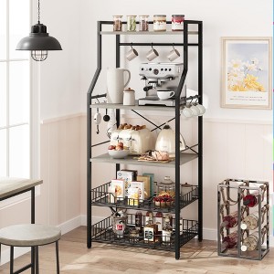 5-Tier Kitchen Bakers Rack & Microwave Oven Stand – Industrial Coffee Bar Station with 2 Large Wire Baskets, 8 Hooks & Multi-Storage Utility Shelf - 1 of 4