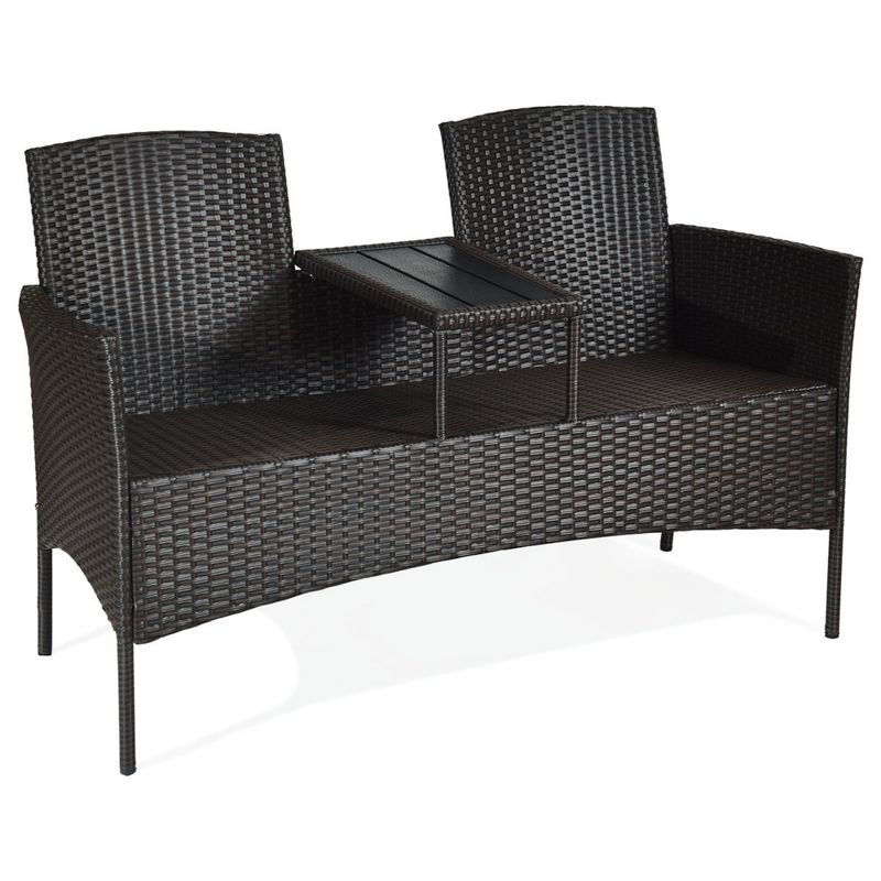 Tangkula Outdoor Patio Rattan Wicker Conversation Set Loveseat Sofa with Coffee Table, 5 of 7