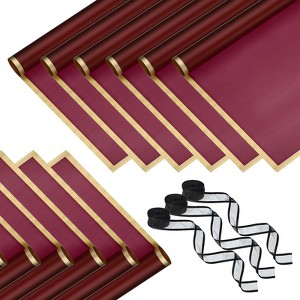 Unique Bargains Plastic Golden Edge Bouquet Flower Wrapping Paper 3 Packs with 3 Rolls Ribbons Red - 1 of 4