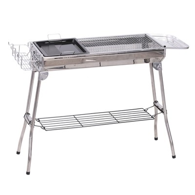 Outsunny Portable Folding Charcoal BBQ Grill Stainless Steel Camp Picnic Cooker with Grill Pan Storage Shelf Hooks