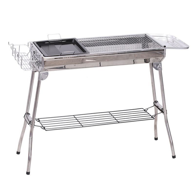 Outsunny Portable Folding Charcoal BBQ Grill Stainless Steel Camp Picnic Cooker with Grill Pan Storage Shelf Hooks, 1 of 9