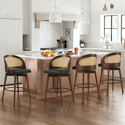 Set of 4 Modern Upholstered Kitchen Bar Stools,Rattan Back Bar Stools with Rubberwood Frame,Walnut Finish Counter Height Seating-Baofuwish