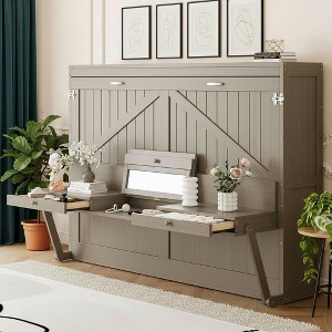Polibi Queen Murphy Cabinet Bed with Vanity Desk, Mirror & Drawers - 1 of 4