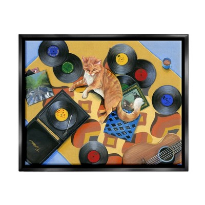 Stupell Industries Cat & Vintage Record Player Framed Floater Canvas Wall Art
