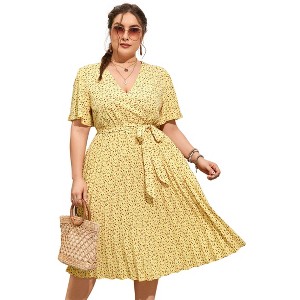 Plus Size Women's Pleated Midi Dress with Belt Flowy Casual Elegant Knee Length Dress for Work Summer - 1 of 4
