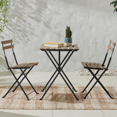 Brown Acacia Wood and Steel Folding Patio Bistro Set