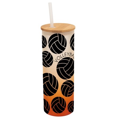 Elanze Designs Volleyball Ball Sports Wrap-Around Design 25 Ounce Frosted Gradient Glass On-The-Go Coffee Travel Skinny Tumbler Mug Cup, Bamboo Lid