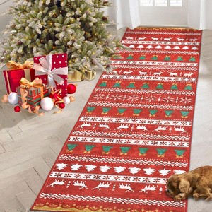 Area Rugs Christmas Rug Deer Xmas Tree Printed Christmas Decor Washable Thin Non Slip Small Indoor Festive Accent Rug - 1 of 4