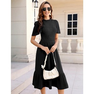 Women's Casual Short Sleeve Smocked Ruffle Crewneck High Waist Flowy Midi Dress - 1 of 4