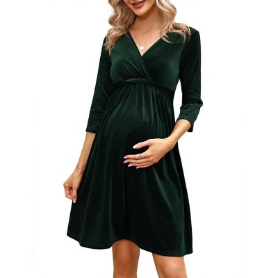 Maternity Dress V Neck Nursing 3/4 Sleeve A Line Party Midi Dress