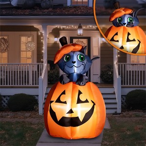 Joyfy 5 FT Tall Halloween Inflatable Outdoor Decorations, Animated Kitty Cat On Pumpkin Inflatable for Halloween Party Indoor Outdoor Yard Lawn Decor - 1 of 4