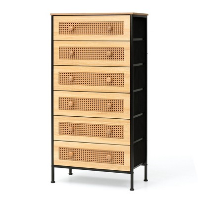 Pellebant 6 Drawers dressers for bedroom Rattan Dresser Storage Tower Tall Fabric Dresser with Wood Top &Wood Handles