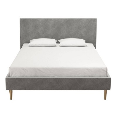 Daphne Light Gray Velvet Upholstered Bed with Brass Toned Legs