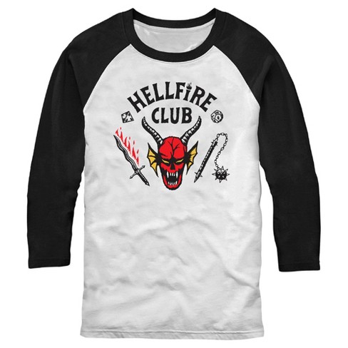 Men s Stranger Things Hellfire Club Costume Baseball Tee White Black Small