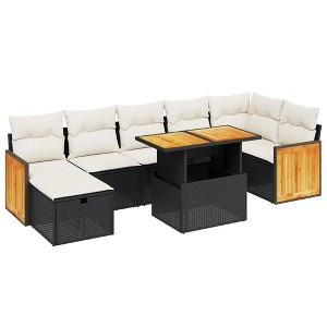 vidaXL 8 Piece Patio Sofa Set with Cushions Black Poly Rattan - Black and Cream without storage - 1 of 4