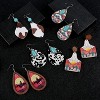 12 pairs of women's Bohemian style denim vintage turquoise print leather and wood teardrop pendant earrings. - 2 of 4