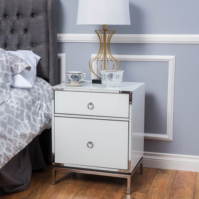 Modern White Nightstand with Drawer & Cabinet, Elegant 2-Drawer Nightstand with Silver Mirrored Edge and Legs, Round Ring Handle
