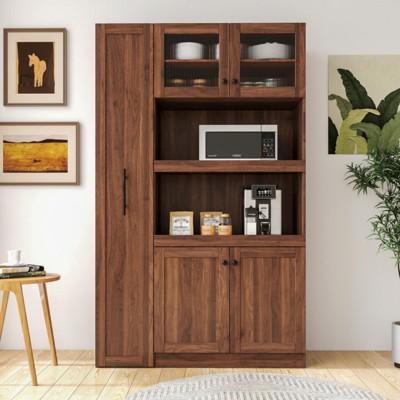 SKRAN Multi-Functional Pantry Cabinet with Pull-Out Multi-Tier Storage Shelf, 4-Door Farmhouse Storage Cabinet, Pantry Organizers for Kitchen
