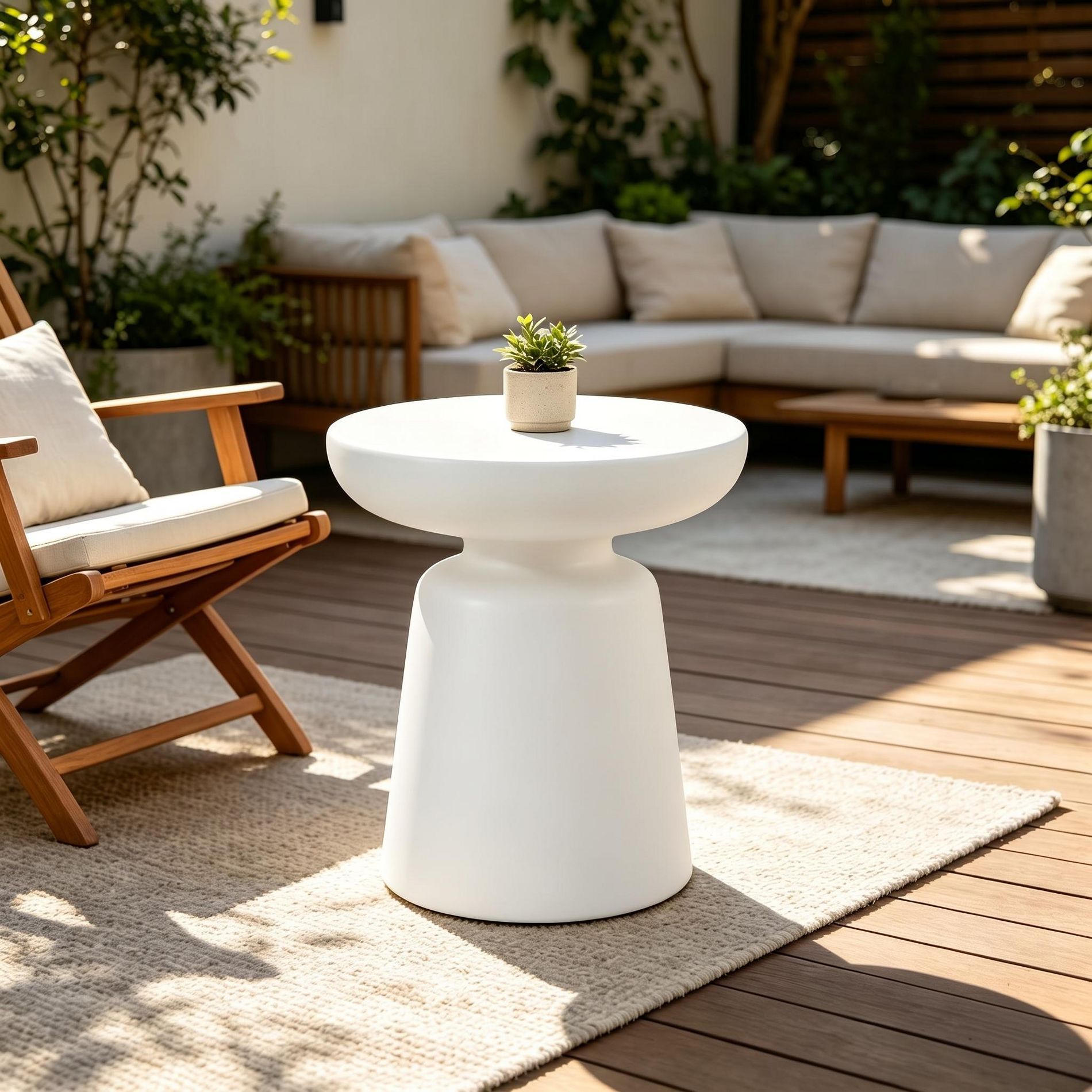 GDFStudio Yarik Modern Lightweight Concrete Patio Round Side Table, Off White
