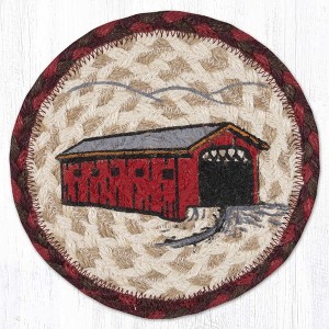 Earth Rugs Round Covered Bridge Coaster – 7"x7" Braided Jute, Rustic Scenic Design, Hand-Stenciled Country Charm - 1 of 3