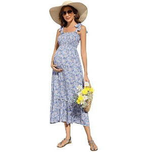 Coolmee Womens Summer Maternity Floral Maxi Dress Smocked Tie Shoulder Boho Sleeveless Spaghetti Strap Ruffle Casual Beach Dress - 1 of 4