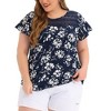 Agnes Orinda Women's Plus Size Floral Printed Lace Panel Keyhole Back Flare Sleeve Blouses - 2 of 4