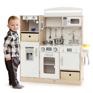 Costway Kids Pretend Play Kitchen Wooden Toy Playset with LED Lighting & Coffee Maker - 1 of 4