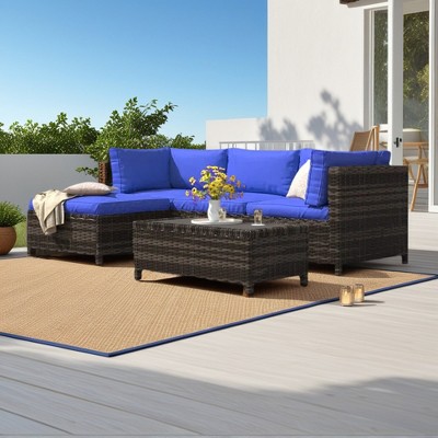 Chic Crate - Parkhurst 3-Person All-Weather Rattan Outdoor Sectional Set with Blue Cushions
