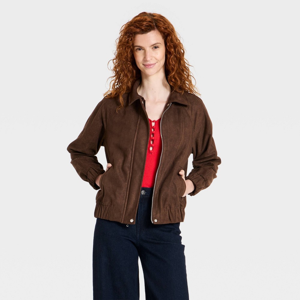 Women's Long Sleeve Zip-Up Faux Suede Jacket - A New Day™ Dark Brown XS