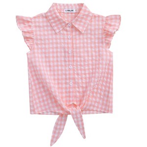 Clearlove Girls Sleeveless Plaid Button Down Shirt Summer Cropped Top with Tie Waist and Ruffled Hem Cute Casual Blouse Light Pink 150 - 1 of 4