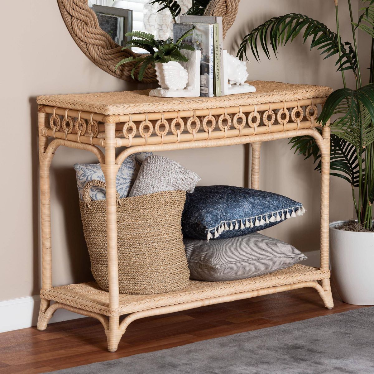 bali & pari Oxford Braided Natural Rattan Console Table with Open Shelf Natural Brown - thumbnail 7