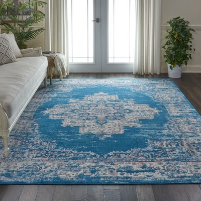 Handmade Round Blue Medallion Stain-Resistant Area Rug