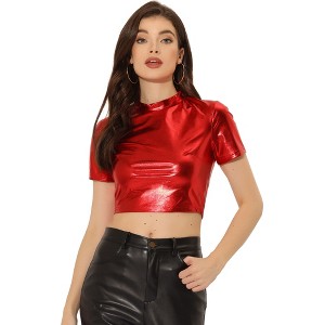 INSPIRE CHIC Women's Party Short Sleeve Mock Neck Holographic Metallic Crop Top - 1 of 4