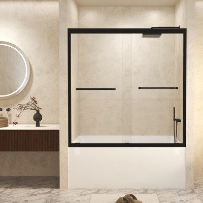 VYNXARIA 56-60"W*60" H Tempered Glass with Explosion Proof Film,Aluminum Frame Double Sliding Shower Door, "1/4 (6 mm),Matte Black