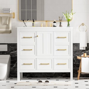 36'' Modern Bathroom Vanity with Resin Sink, Freestanding Storage Cabinet with 5 Drawers & Soft-Close Doors, Black/White/Blue - ModernLuxe - 1 of 4