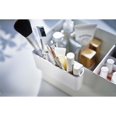 White Steel and Wood Makeup Organizer with Mirror and Handle