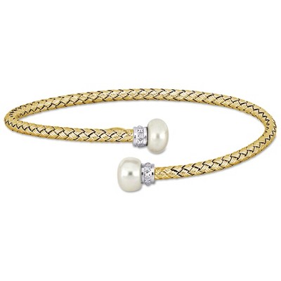 EVERLY JEWELRY | Sterling Silver 7-7.5mm Cultured Fw Pearl & 1/10 CT TGW Cubic Zirconia Weave Bangle, 8 inc