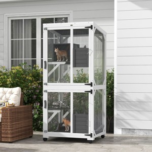 Wooden Catio Cat Enclosure with Wheels and Waterproof Roof,70'' Outdoor Indoor Cat House with High Resting Box for 1 to 3 Cats,White - LAOTIES - 1 of 4