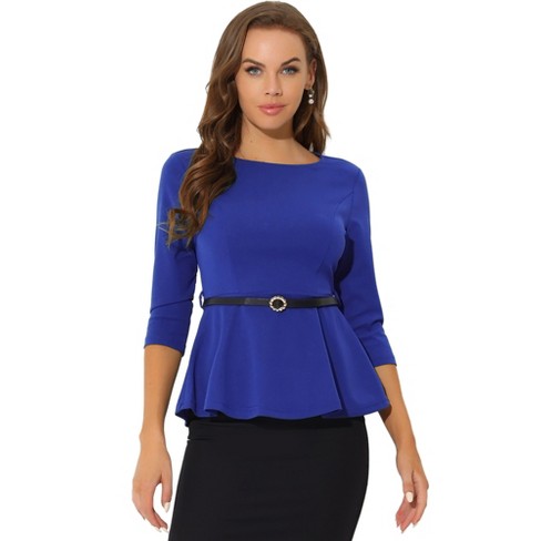 Allegra K Women's 3/4 Sleeve Belted Elegant Business Work Peplum