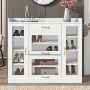 Modern Shoe Cabinet with 4 Glass Doors, 3 Hooks, Shoe Rack Storage Cabinet, Free Standing Shoe Rack Cabinet, Multifunctional Shoes Cabinet - 1 of 4