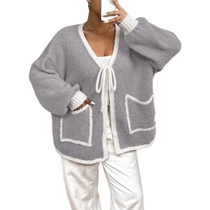 Women's Plus Size Cardigan Sweater Long Sleeve Knit Open Front Cover Up Casual Tops with Side Pockets - 1 of 4