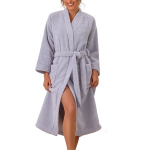 cheibear Women's Fuzzy Fluffy Robe Plush Bathrobe Fleece Winter Warm Thick Self Tie Long Bathrobe for After Shower Spa Bath - 1 of 4